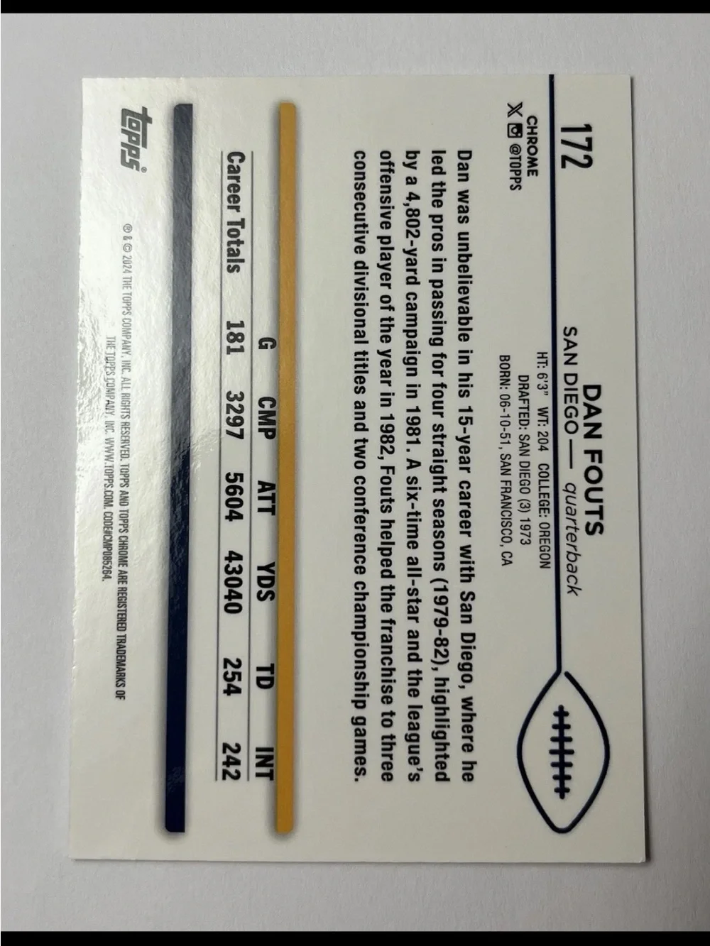 2024 Topps Chrome Sapphire Dan Fouts #172 Purple #015/275 RARE